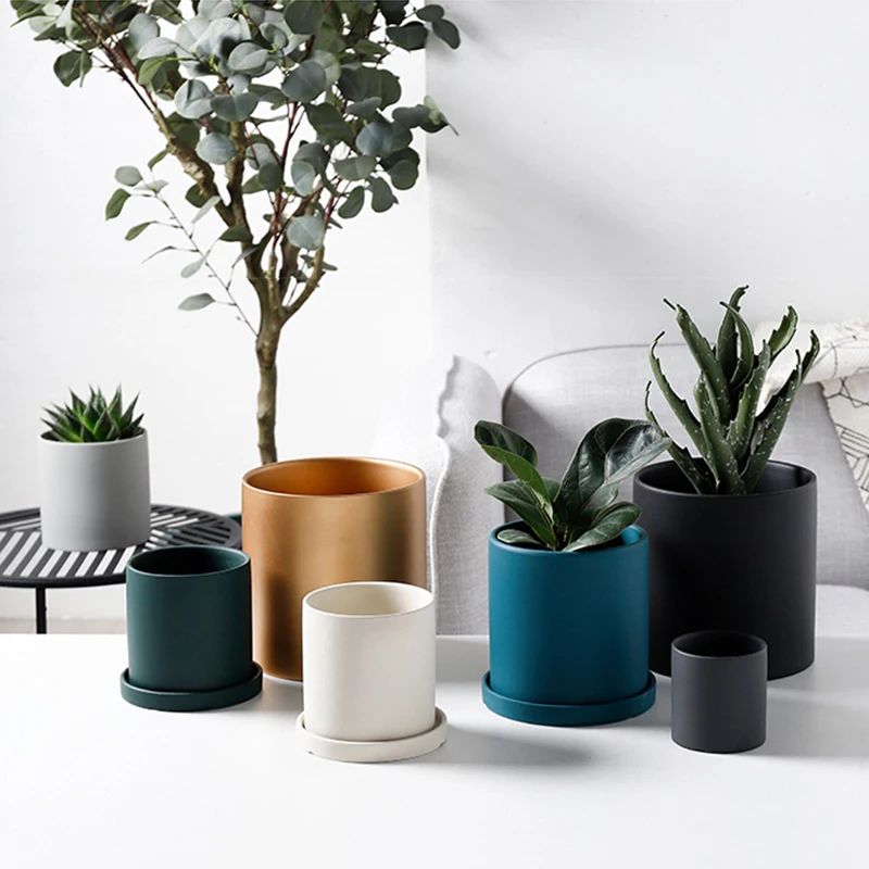 Nordic Industrial Style Colorful Ceramic Flowerpot Succulent Planter Pot With Hole Tray Green Plants Cylindrical Shape Flower