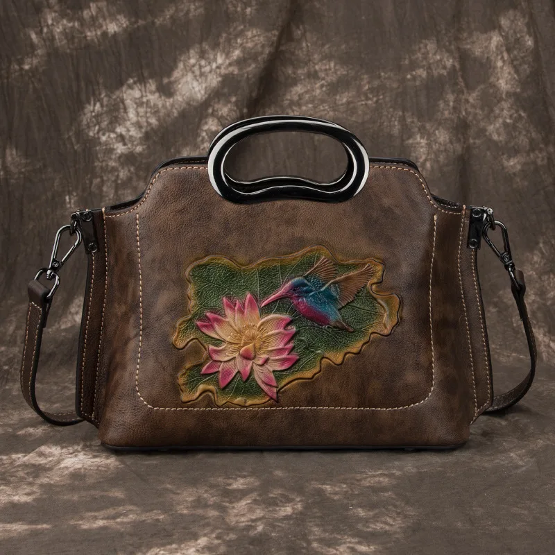 

High Quality Genuine Leather Embossing Cowhide Women's Bags Handmade Large Capacity Restoring Ancient Ways Single Shoulder Bags