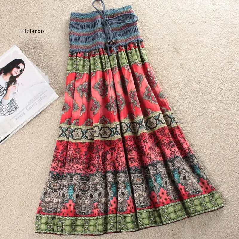 High Waist Boho Floral Women Long Skirt Pleated A-line Elastic Sashes Vintage Women\'s Skirts Spring Summer Fashion beach Clothes
