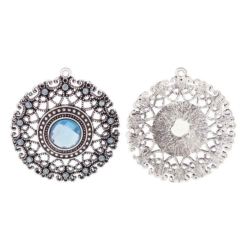 ZXZ 2pcs Tibetan Silver Large Filigree Flower Rhinestone Crystal Round Charms Pendants for Necklace Jewelry Making Accessories