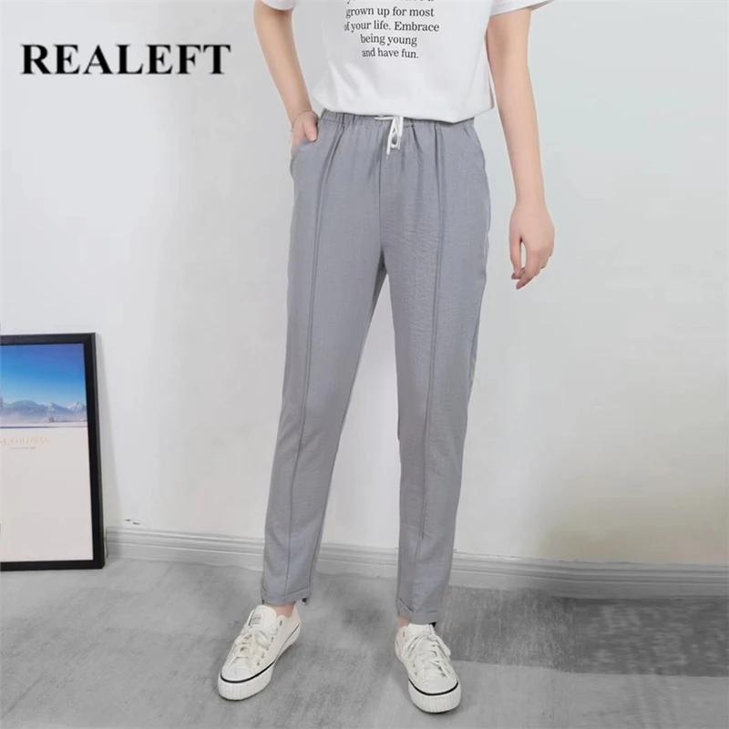 

REALEFT 2021 New Summer Cotton and Linen Women's Pants Lace Up High Waist Drawstring Harem Pants Casual Female Trouses Pockets