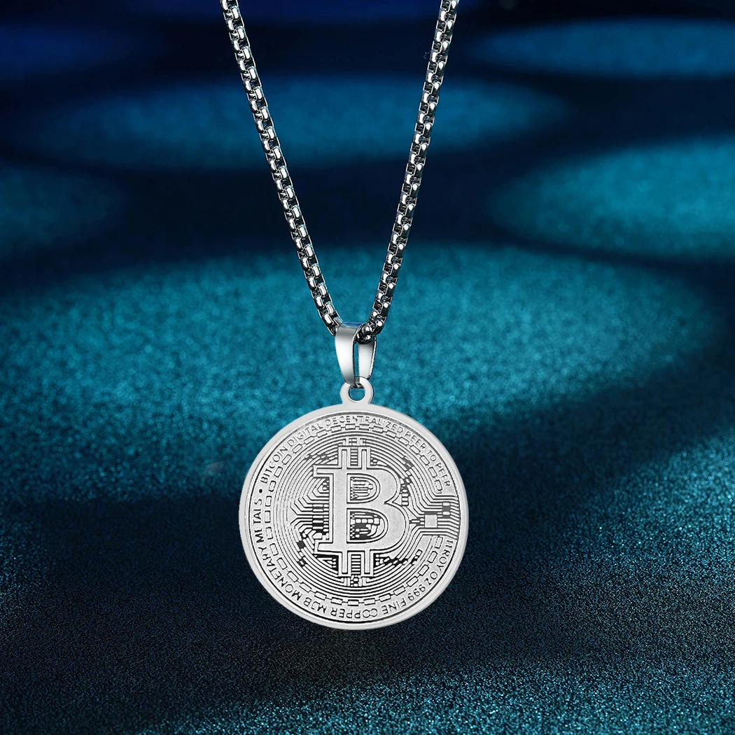 Bitcoin Pendant Women Men Gold Plated Circle Bitcoin Pendant Necklace Bitcoin Charm Chain Stainless Steel Female Male Gift