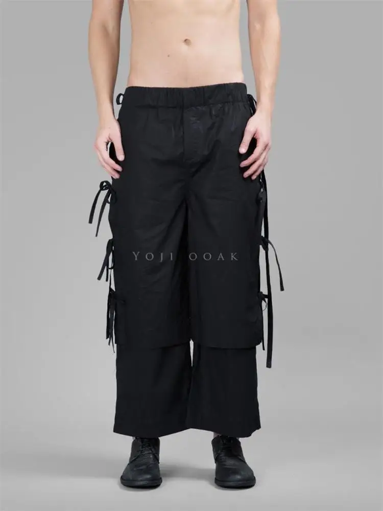 Spring and Autumn Men's New Tfringed Decomposition Double Decent Nine Pants Pant Line Ribbon Casual Pants Black Straight Pants