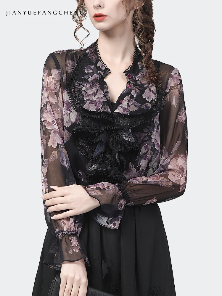 Elegant Womens Long Sleeve Chiffon Floral Blouse 2022 Spring New V-Neck Ruffles Tops Loose Casual Vintage Office Ladies Shirts