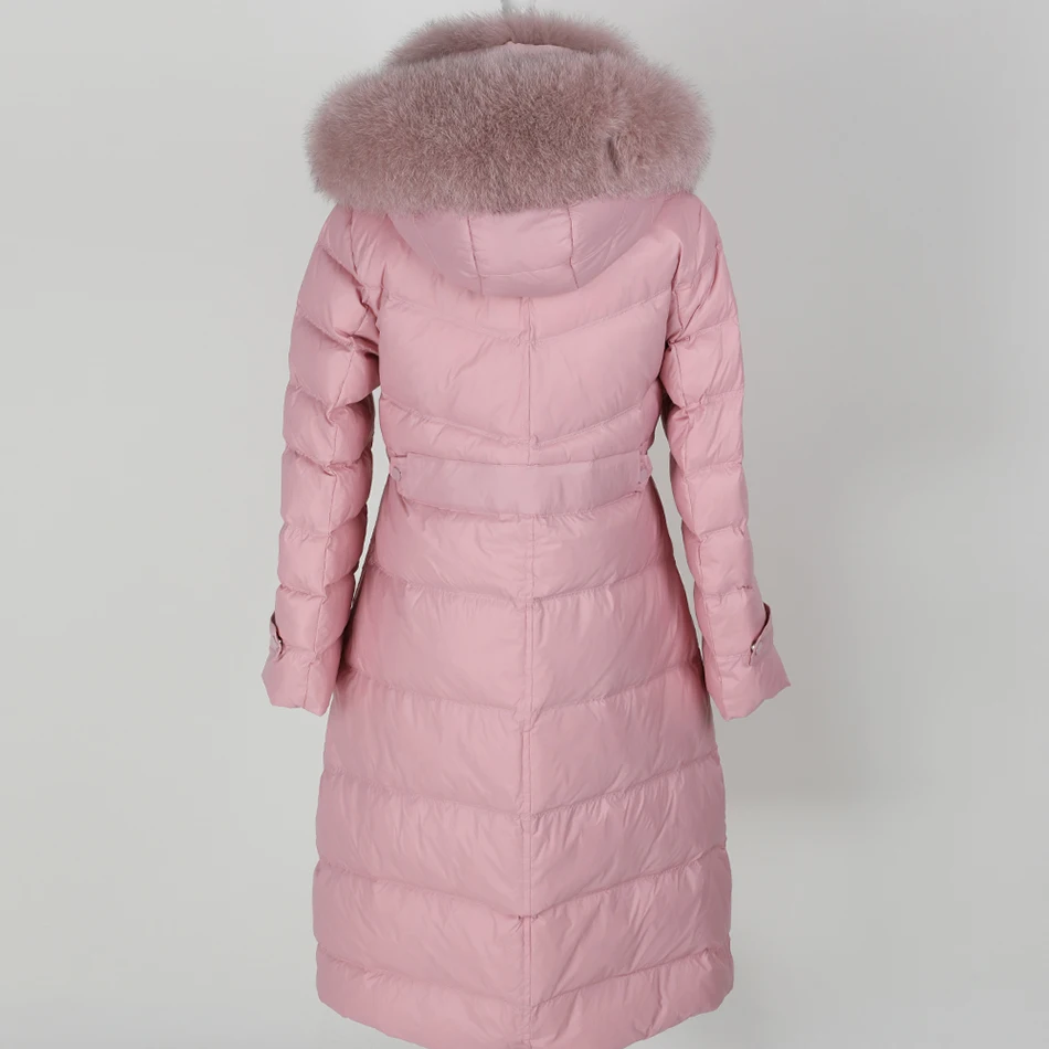 Maomoakong2019 冬コート天然キツネの毛皮の大きな毛皮の襟ホワイトダックダウンフード付きレザージャケット女性のダウンジャケットパークコート