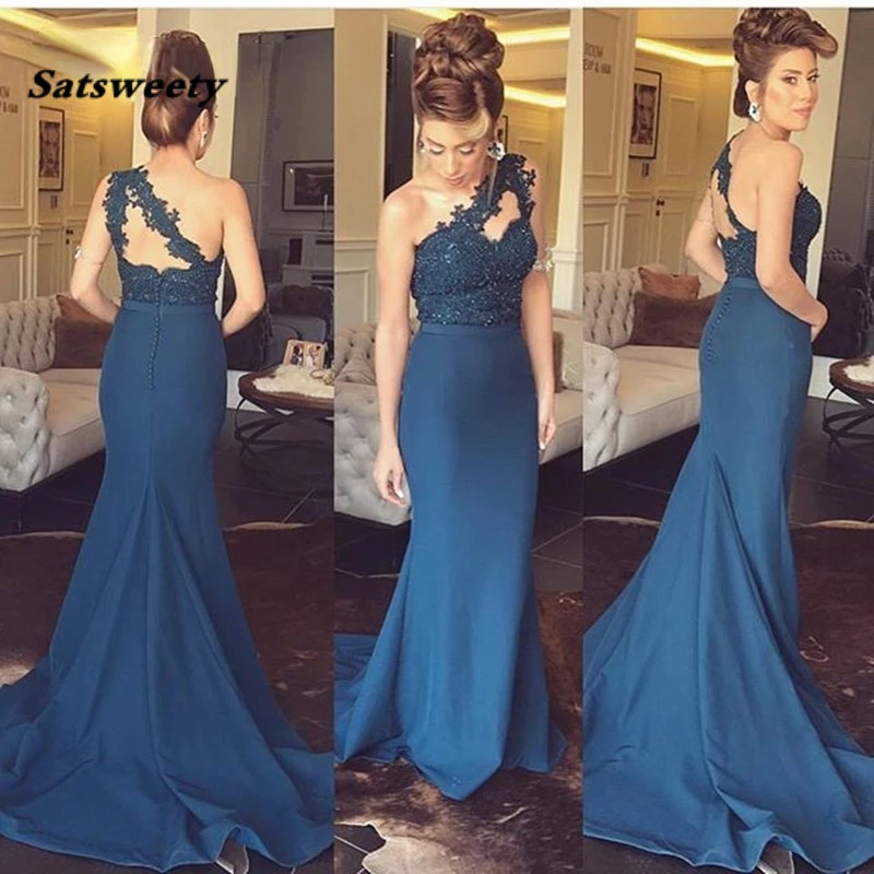 Heißer Verkauf Lange Brautjungfer Kleid Vestido Longo Mermaid Eine Schulter Applique Brautjungfer Kleider Günstige