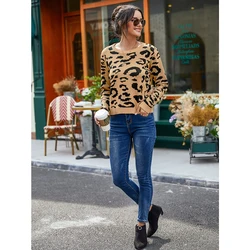 Hirigin 2020 Autumn Sweater Fashion Leopard print Knitting Round neck Long sleeve Slim Explosion Women Tops High Quality