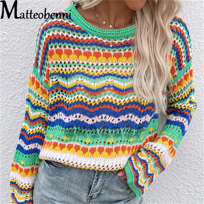 2021 Autumn Winter Women Patchwork loose Inter-Color Rainbow O Neck Striped Print Sweater Ladies Fashion Casual knitting Sweater