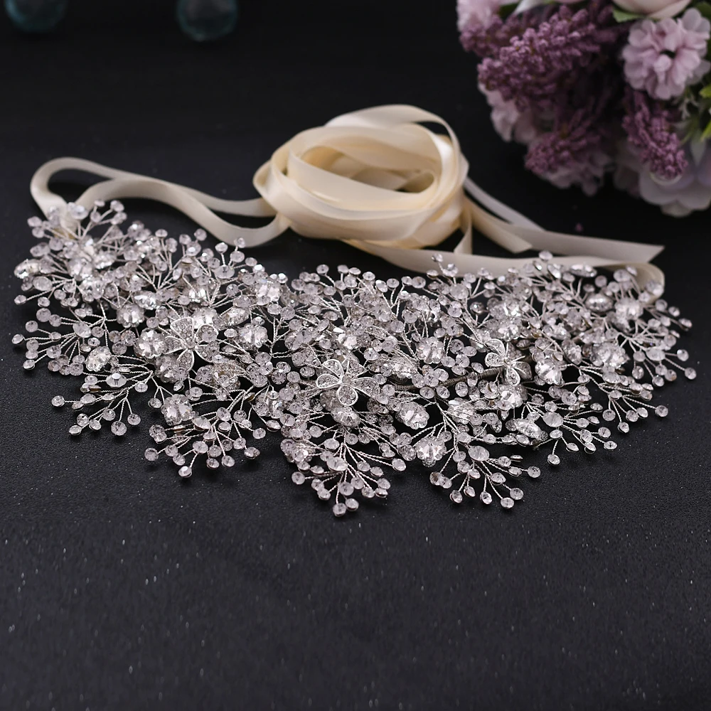 Luxe Bridal Bress Riemen Zilver Diamant Riem Bruid Strass Sjerpen Legering Bloem Riem Trouwjurk Accessoires