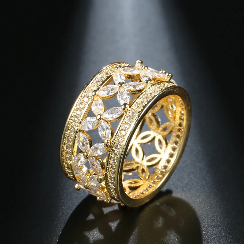 Ekopdee New Vintage Luxury Princess Flower Crystal Zirconia Wide Gold Rings For Women Fashion Female Party Jewelry