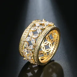 Ekopdee New Vintage Luxury Princess Flower Crystal Zirconia Wide Gold Rings For Women Fashion Female Party Jewelry