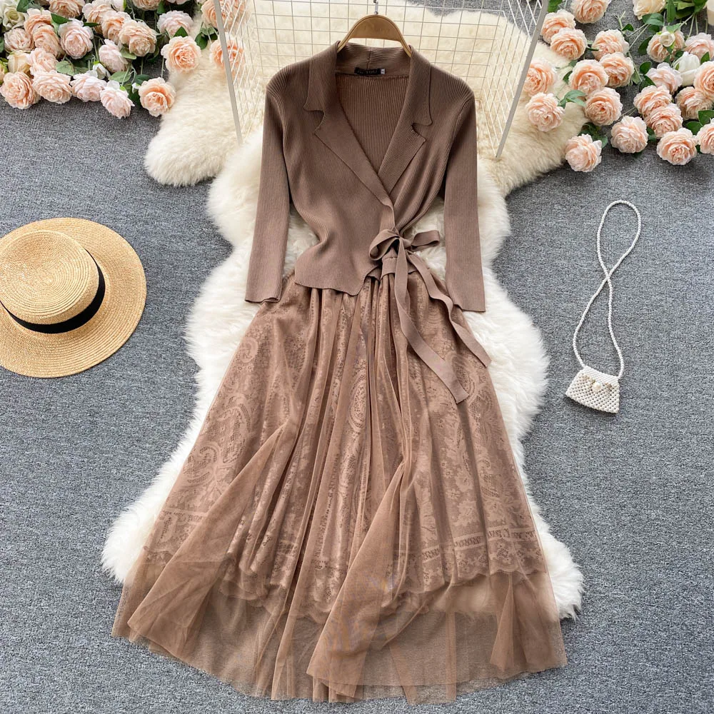 C509 Women New Fashion Autumn Winter Knitted Long Sleeve Dress Stitched Mesh Lace Up Waist Solid Color Casual Clothes Vestidos