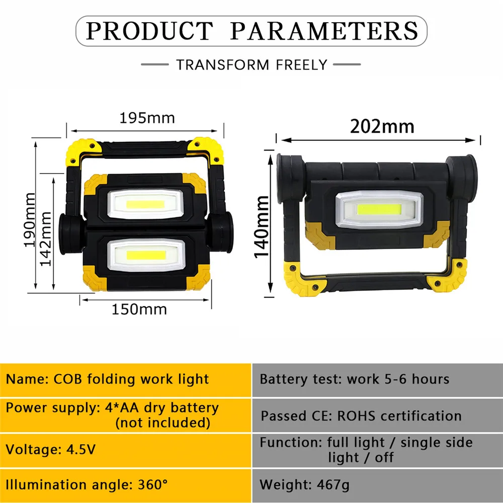 Projecteur LED portable pour réparation camping, lampe de travail, budgétaire étanche, utilise 4 piles AA, 190W