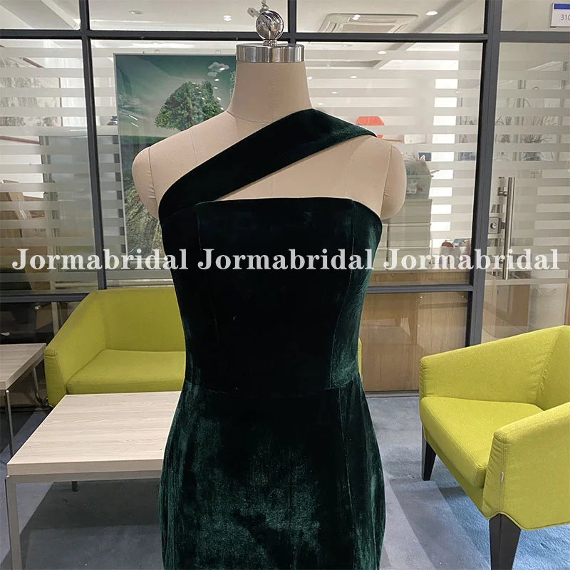 Dark Green Mermaid กำมะหยี่ชุดเจ้าสาวง่ายหนึ่งไหล่สูง Slit Gowns งานแต่งงาน Robe De Soirée เจ้าสาวแม่บ้านชุด