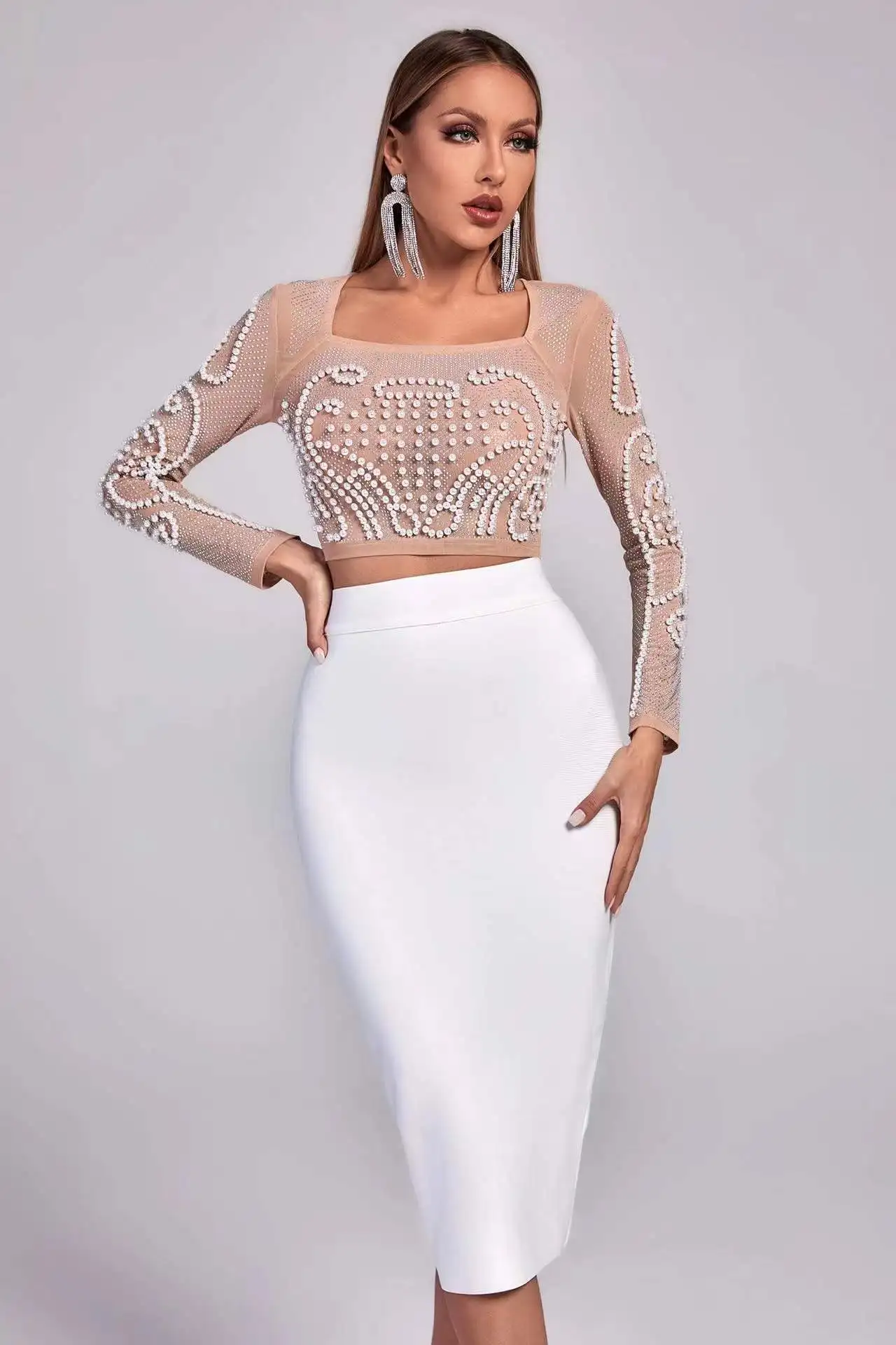 Top Quality Celebrity Black White Two Pieces Set Pearl Beading Hollow Out Rayon Bandage Dress Party Fashion Dress Vestidos