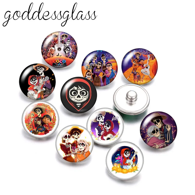 Disney Death Day Coco Miguel Love music 10pcs Round photo glass 18mm snap buttons for 18mm snap bracelets jewelry