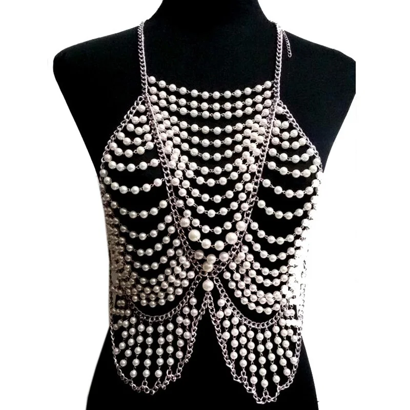 

Chran Fashion Women Full Body Multi Layer Faux Pearl Statement Necklace Chain Slave Necklace Beach Chain Halter Jewelry BDC397