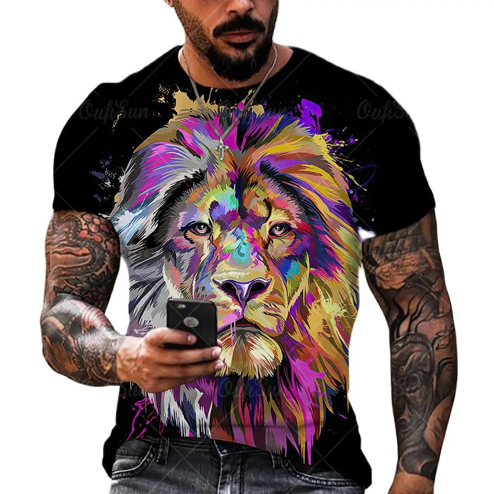 Men\'s T-shirt Fashion Summer 3D Print Top Classic Brewed Lion And Tiger Pattern Top Street Personality Extra Large Short Sleevev