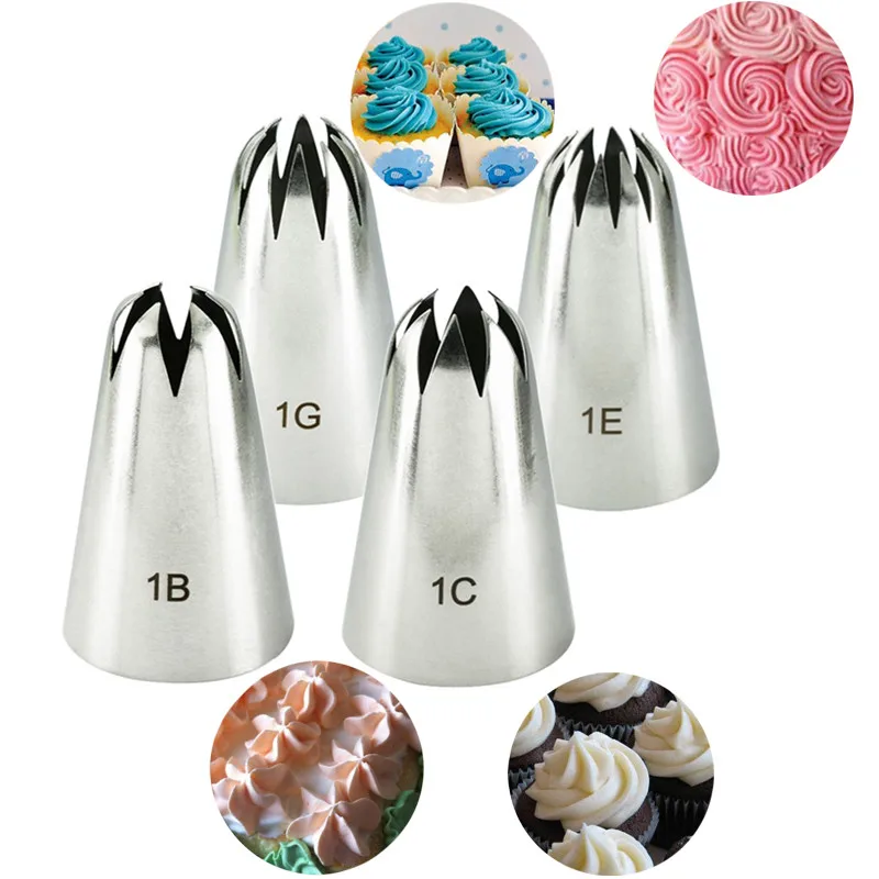 4pcs Large Icing Piping Nozzles For Decorating Cake Baking Cookie Cupcake Piping Nozzle Stainless Steel Pastry Tips #1B#1C#1E#1G