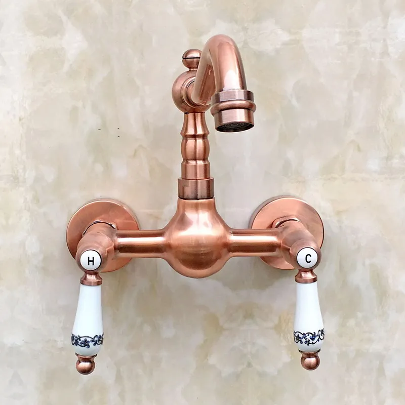 

Red Copper 360 Swivel Spout Kitchen Bathroom Faucet Wall Mount Sink Basin Mixer Tap Dual Lever Cold Hot Water Faucets Lrg033