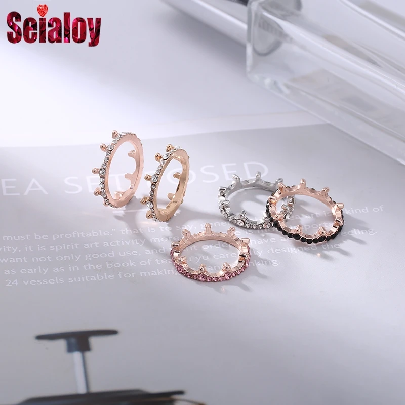 Seialoy Simple Crystal Crown Rings For Women Girls Friendship Rose Gold Color Stackable Ring Fit Couple Party Engagement