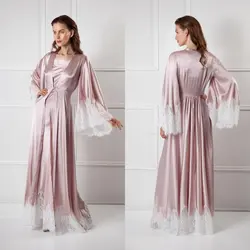 Two Pieces Women Sleepwear Bathrobe Long Silk Kimono Dressing Gown Babydoll Lace Lingerie Bath Robe Black Camisola De Dormir
