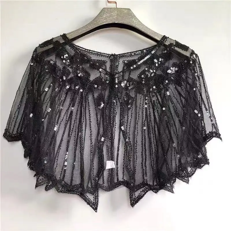 Vintage Sequin Summer Handmade Crochet Lace Mesh Shrug Bolero Embroidery Cardigan Feminino Short Cape Oversized Tops Women Cape