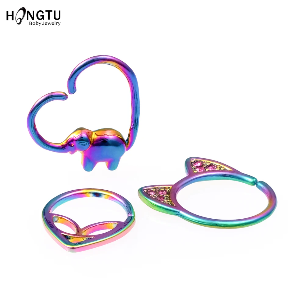 HONGTU Brass Minimalist Septum Rings hoop Aliens Cat Elephant Ear Daith Cartilage Tragus Septum Piercings body jewelry gifts 18G