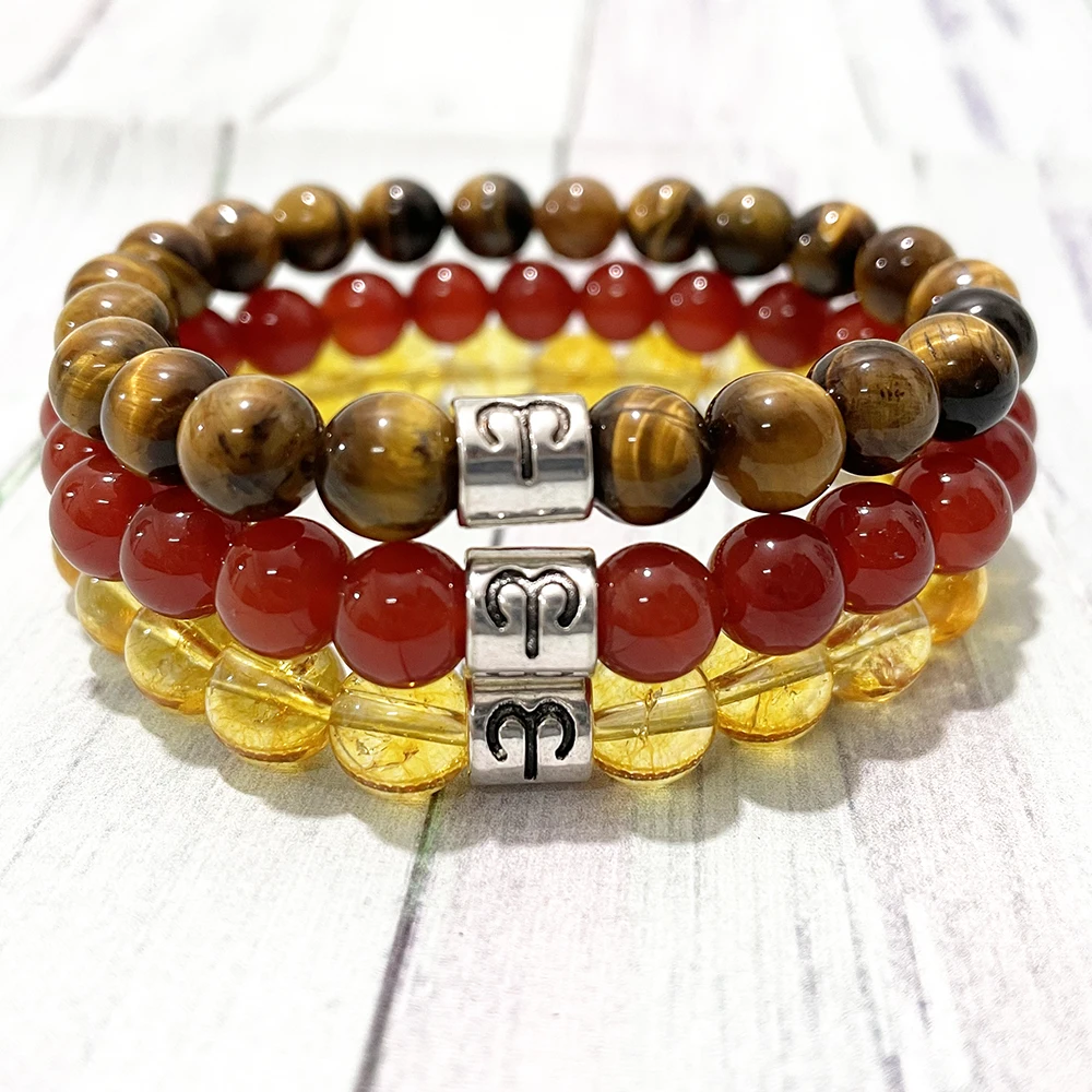 MG1380 Design Aries Zodiac Charm Stack Bracelet Natural Carnelian Citrine Bracelet Tiger Eye Spiritual Balance Wrist Jewelry