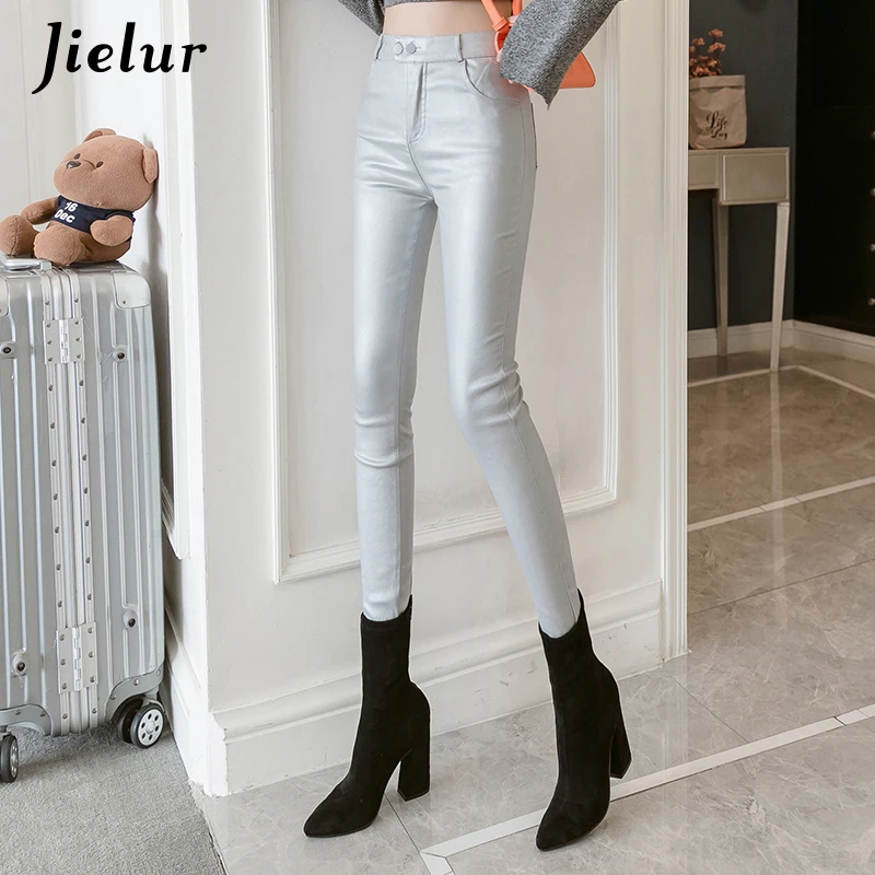 Jielur PU Faux Leather Leggings Women Skinny Silver Red Black Pants Female Lady S-3XL Thin/Fleece Pencil Leggins Bubble Butt