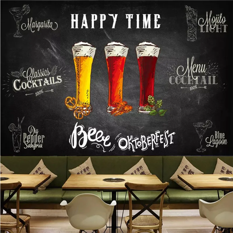 Retro Hand Drawn Blackboard Cocktail Beer Snack Bar Background Wall Paper 3D Bar Restaurant Industrial Decor Mural Wallpaper 3D