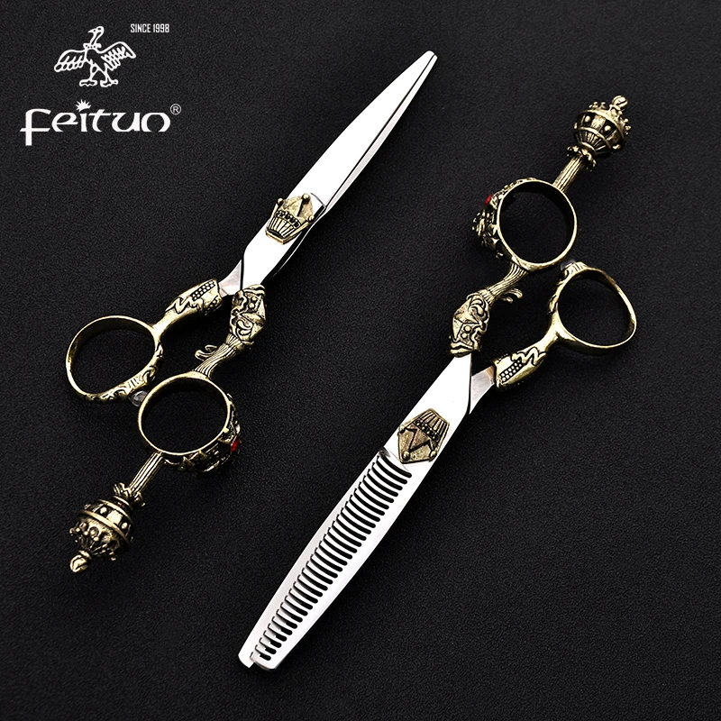 6 inch Stainless Steel Hairdressing Cutting Scissor Profissional Thinning Scissors Retro Crown Ciseaux Coiffure Hair Salon Tool