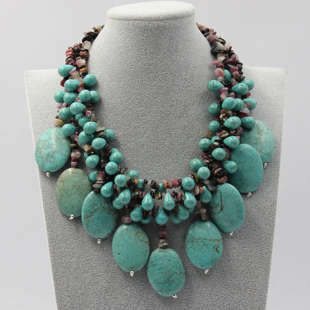 G-G Jewelry 4 Rows Multi color Tourmalines Green Turquoises Fringe Necklace Handmade For Women