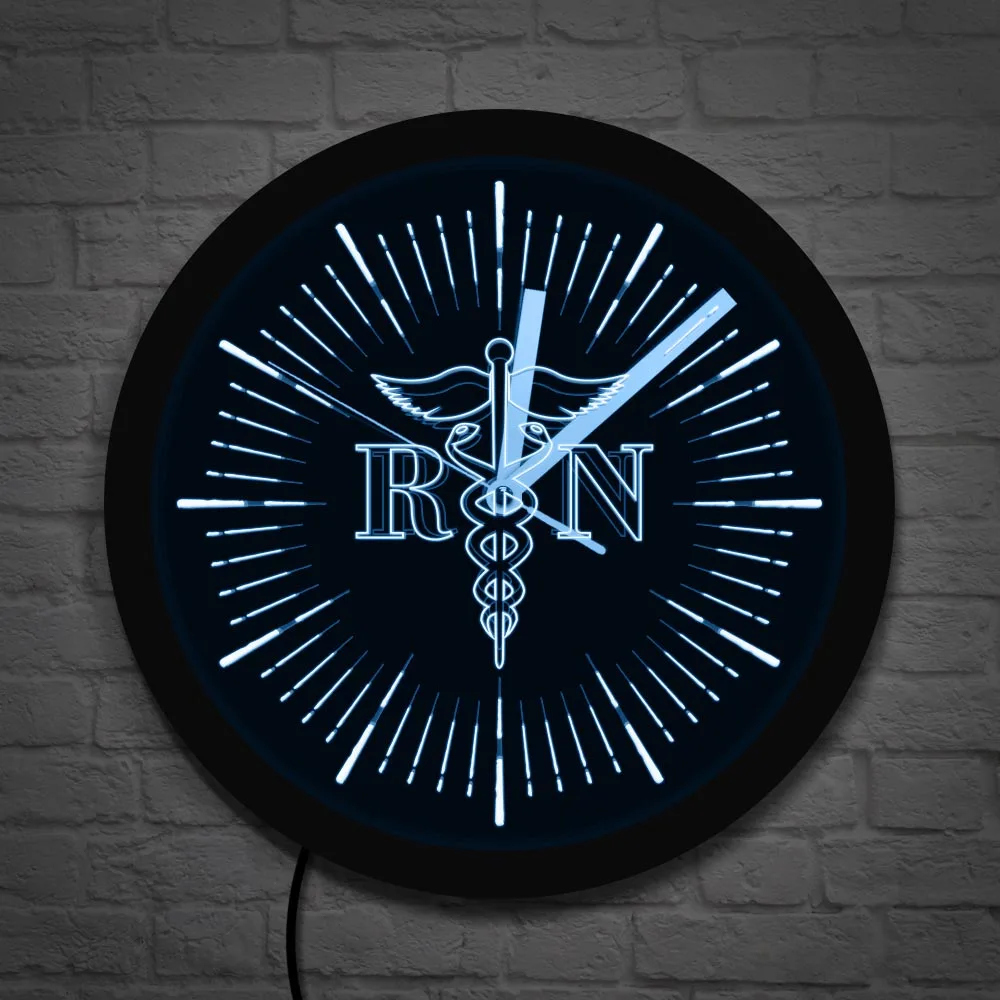 Registered Nurse Caduceus Medical Logo LED Backlight Modern Wall Clock Gift For Nurse Certified Nurse Anesthetist Wall Light