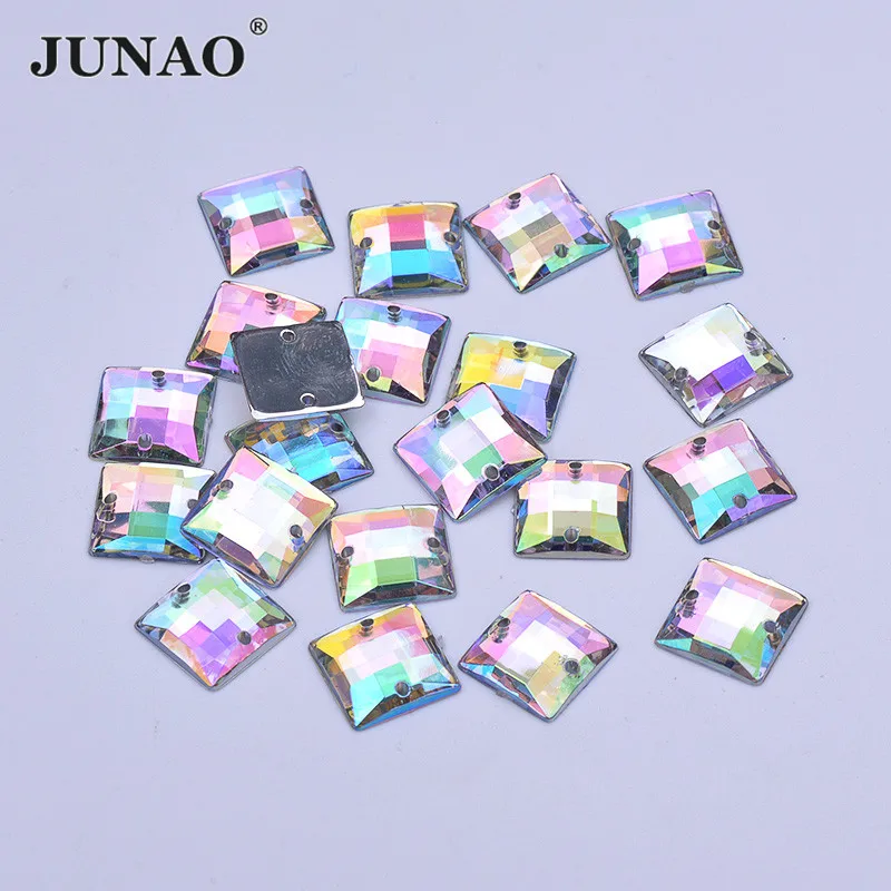 JUNAO 8mm 10mm Sewing AB Crystal Square Rhinestone Flatback Acrylic Crystal Applique Sew On Stones For Dress Needlework Crafts