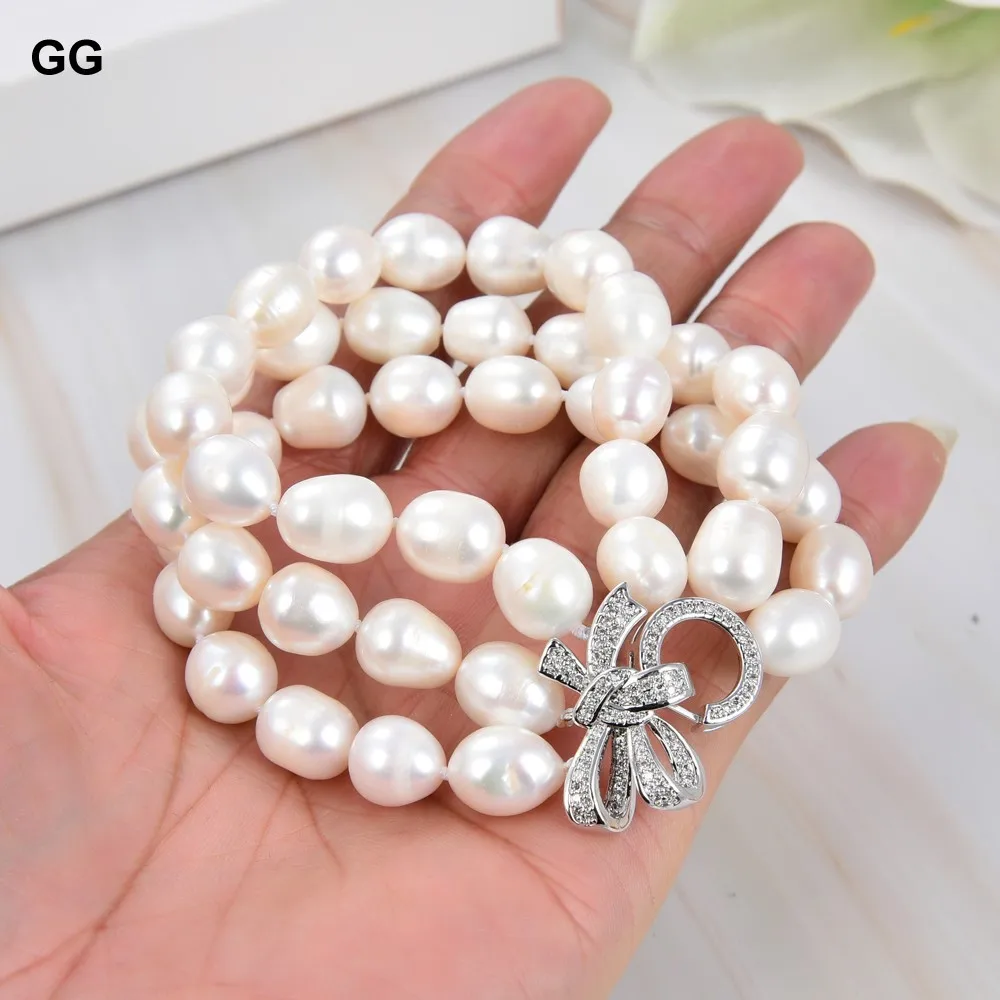 GuaiGuai Jewelry 8\'\' 3 Strands White Rice Pearl Bracelet CZ Clasp