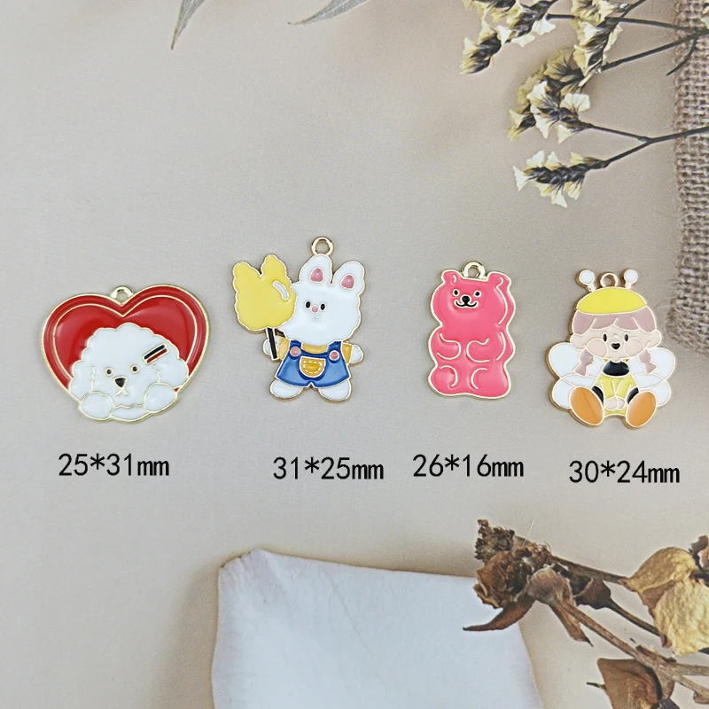 10pcs/lot Metal Cartoon Enamel Charms Marshmallow Bunny Bee Dog Earrings Keychain Pendants Jewelry Findings Phone Case DIY Decor