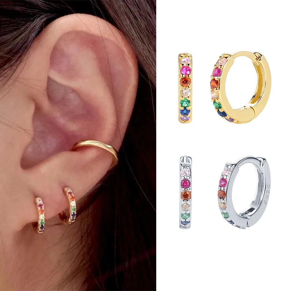 ELESHE 925 Sterling Silver Huggie Hoop Earrings for Women with 18K Gold Plated Cubic Zirconia Rainbow Earrings Statement Jewelry