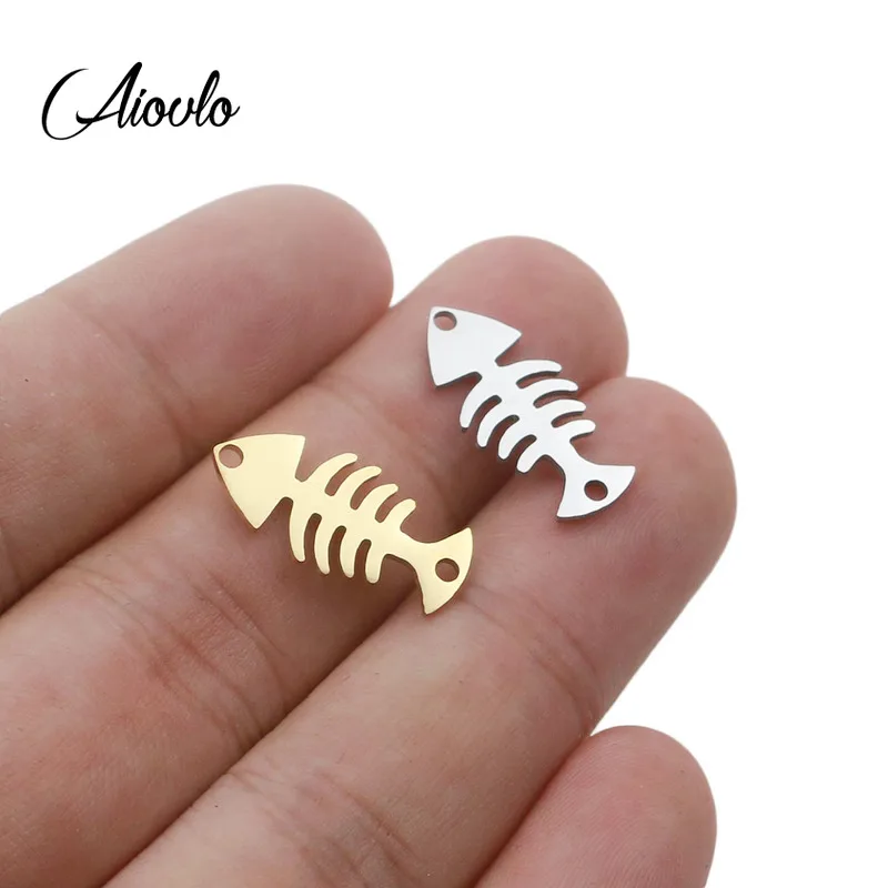 Aivlo 5pcs/lot Stainless Steel  Fishbone Pendants Charm for Jewelry Making Gold Color Fish Bone Pendants Charm Fish Bone