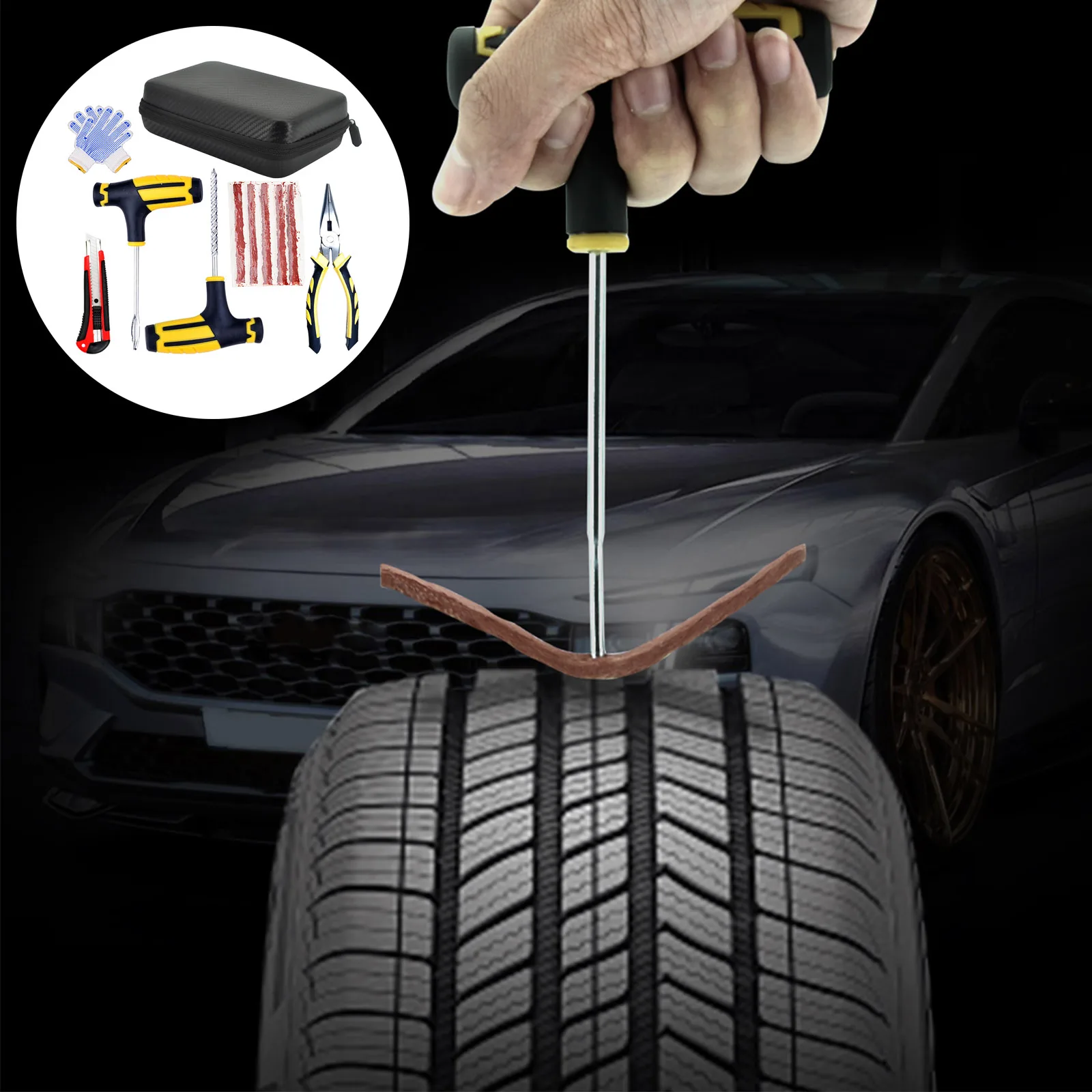 

Universal Car Tire Repair Tool Kit EVA Storage Case Box Studding Tool Set Auto Bike Puncture Plug Garage Needle Nose Pliers