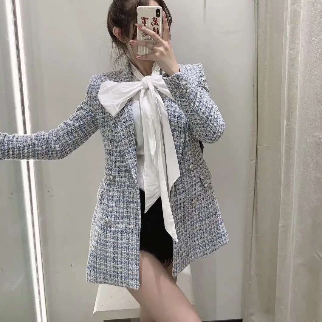 KONDALA Women Blue Plaid Oversized Long Blazer Long Sleeve V Neck Pockets Office Lady Jackets Female Elegant Outwears