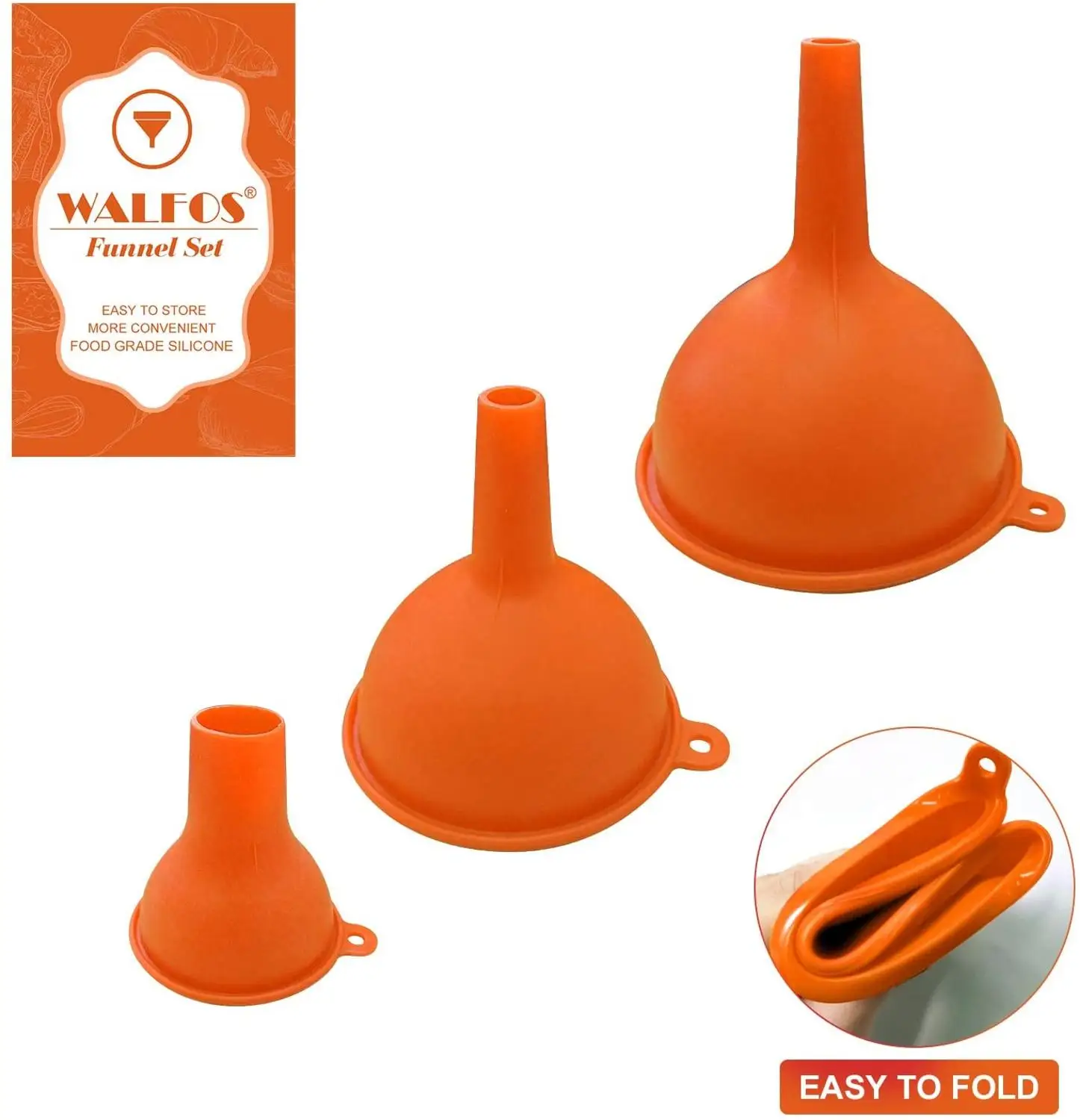 WALFOS 3 Pack Silicone Funnel Flexible Kitchen Funnel for Household Liquid Transfer 100% Food Grade Silicone FDA Kitchen Tools