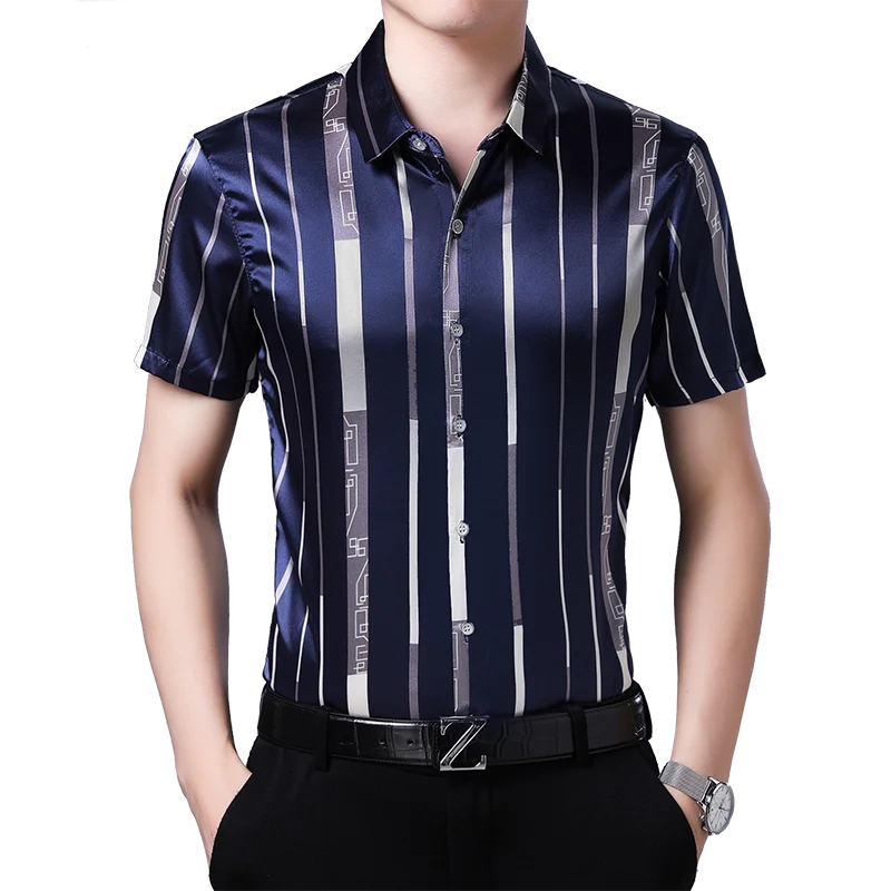 New 2020 Summer Male Silk Clothes Fashion Striped Silk Shirt Short Sleeve Mens Casual Satin Silk Dress Shirts