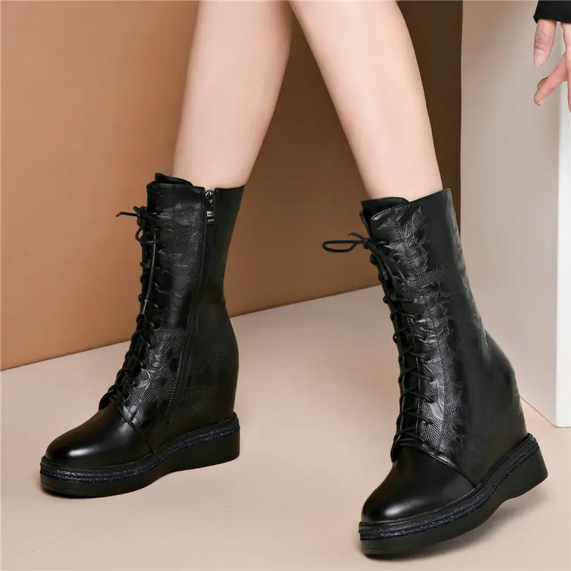 Snow Boots Women Lace Up Genuine Leather Wedges High Heel Platform Pumps Female High Top Round Toe Fashion Sneakers Casual Shoes