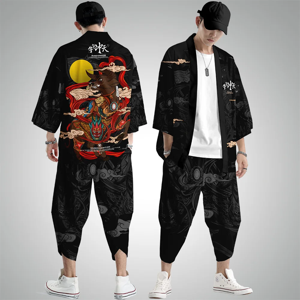 

2021 Summer Astronaut Printed Japanese Style Samurai Kimono Pants Suit Streetwear Men Women Cardigan Japan Harajuku Clothes