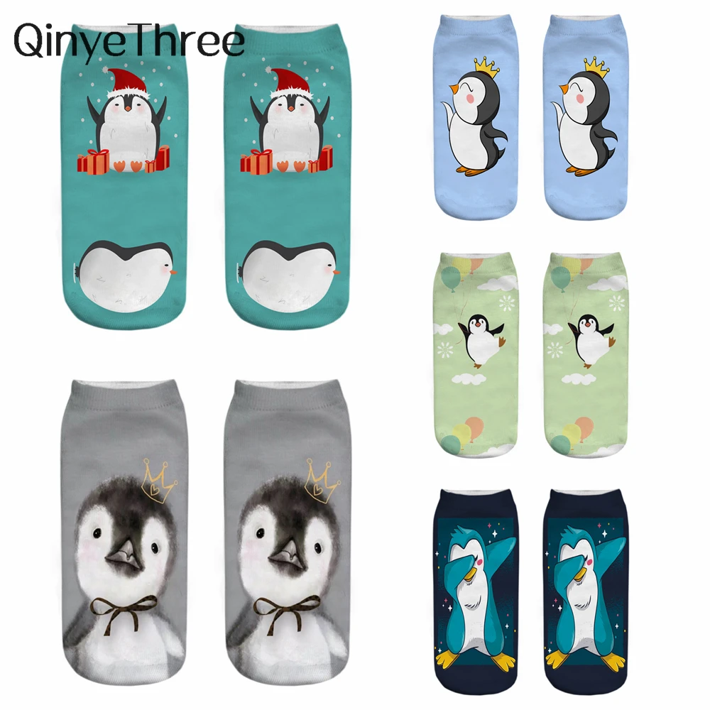 New Funny 3D Printing Cute Cartoon Singing Dancing Christmas Penguin Unisex Animal Series Short Ankle Socks Calcetines De Mujer