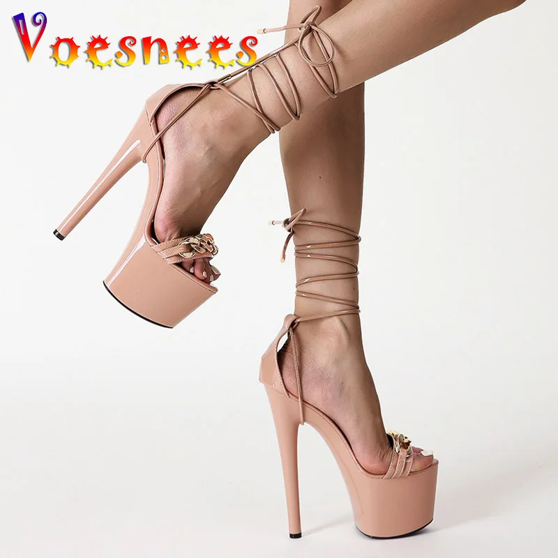 Women One Word Chain Design Platform Sandals New Arrival 2022 Summer High Heels 17CM Sexy Ankle Lace Up Nightclub Stiletto Shoes