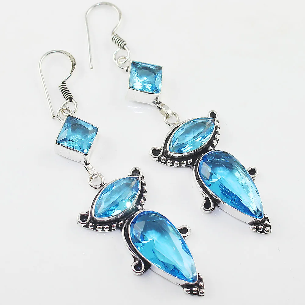 Blue Topas   Earring  Silver Overlay over Copper ,76 mm, E0948