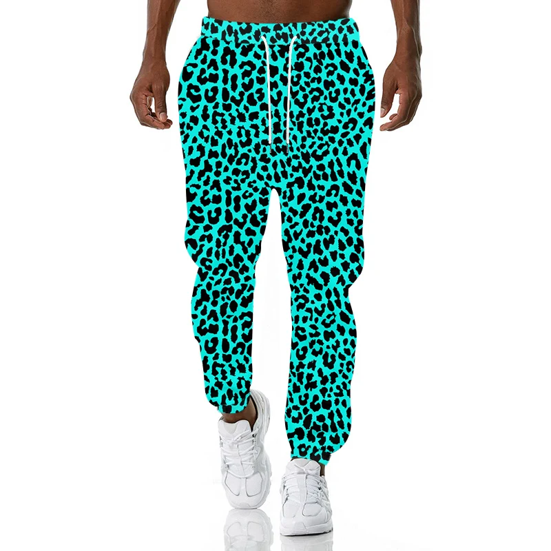 Blue Leopard Pattern Jogger Pants Men's Street Style Sports Pants Oversized Polyester Comfortable Trousers CK02