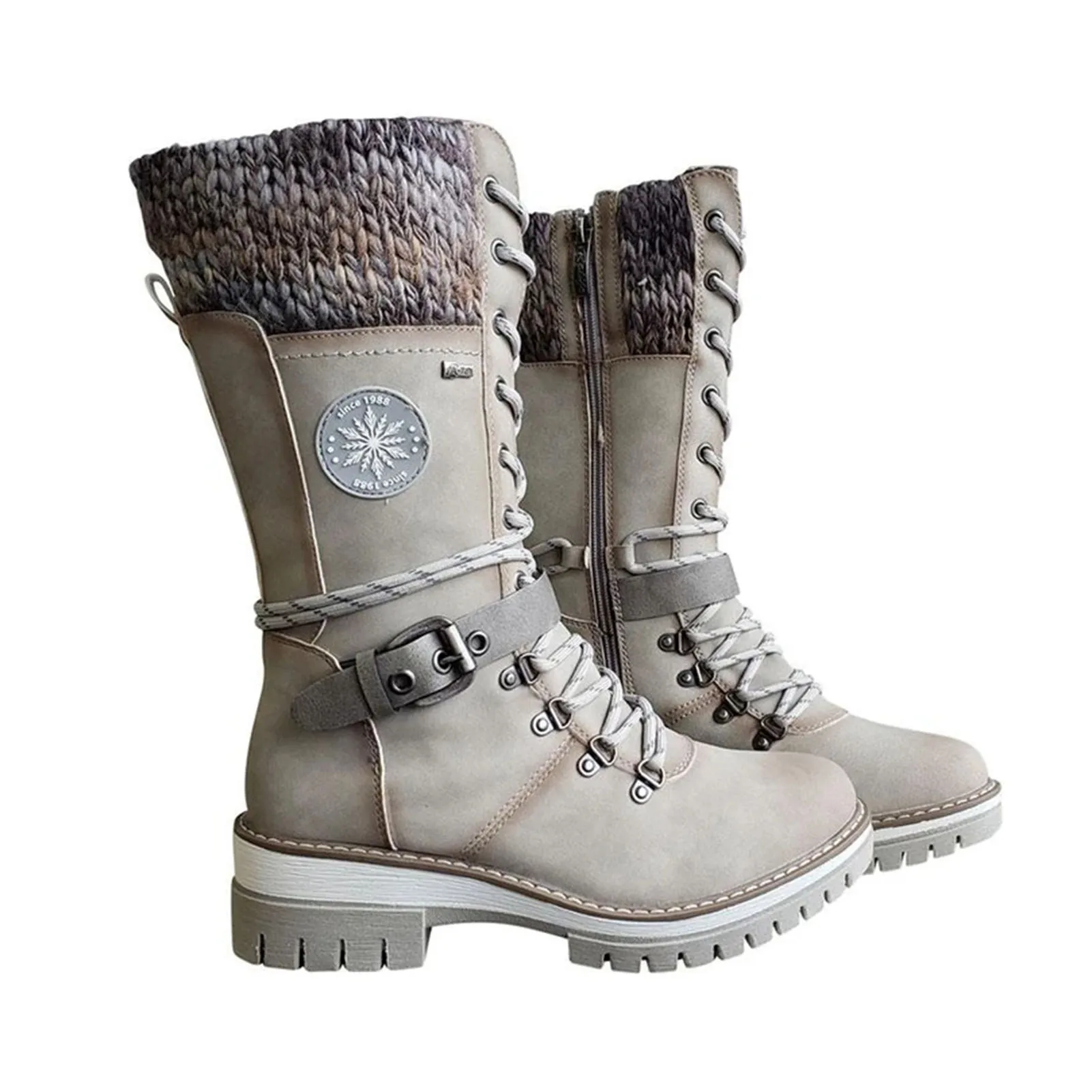 new Women Mid Height Leather Boots Warm Winter Boots with Side Zipper knitted mid-high women's boots wool stitching Marti boots